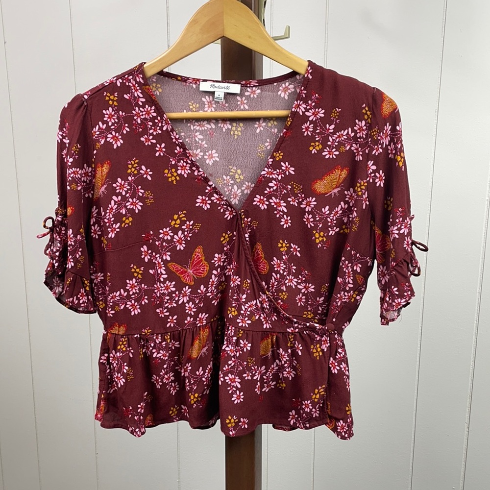Madewell Maroon Floral Butterfly Wrap Blouse